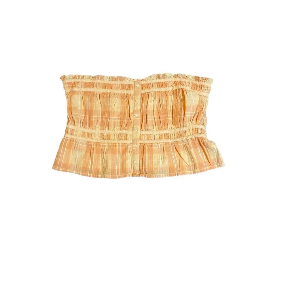 American eagle women’s linen blend plaid Ruffle strapless crop top L